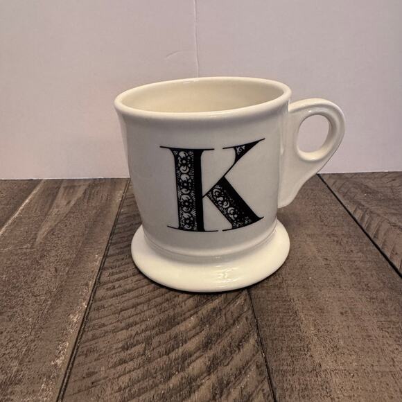ANTHROPOLOGIE Coffee Mug Monogram Letter Initial "K" Retro Shaving Style - Picture 1 of 5